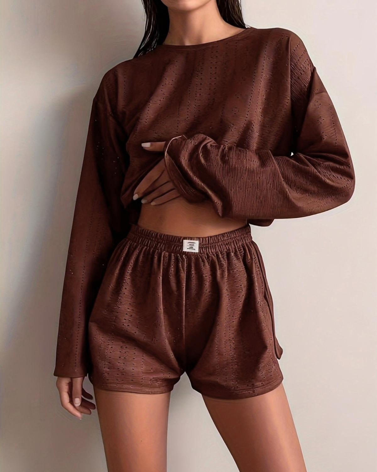 Pyjama Crop Top et Short en Broderie Ajourée
