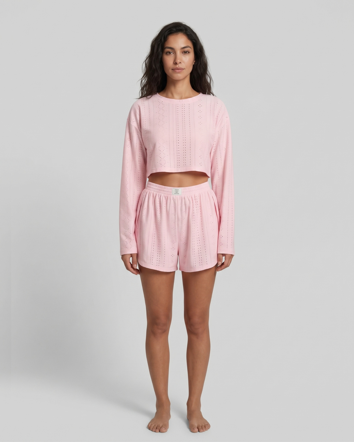 Pyjama Crop Top et Short en Broderie Ajourée