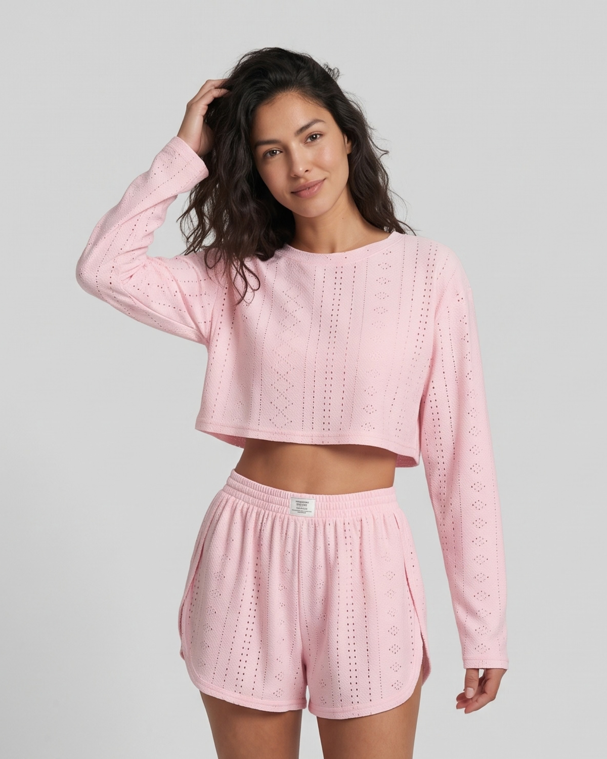 Pyjama Crop Top et Short en Broderie Ajourée