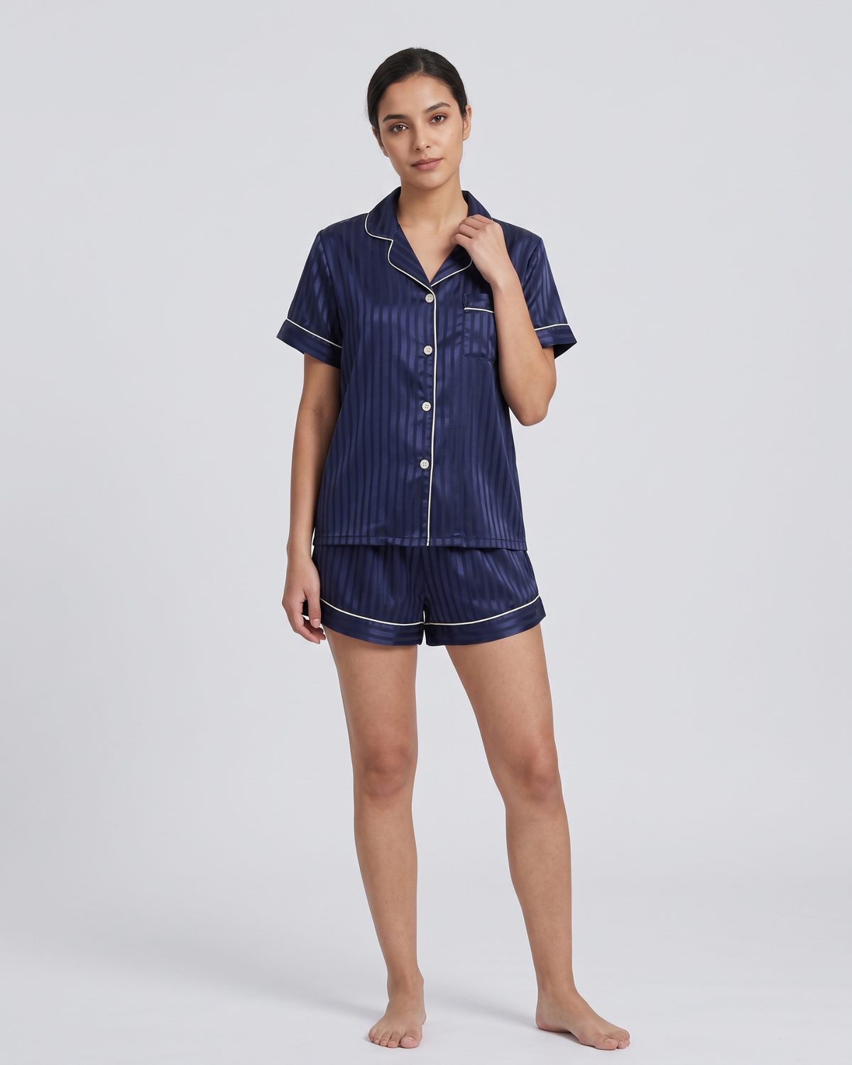 Pyjama Col Tailleur en Satin Rayé