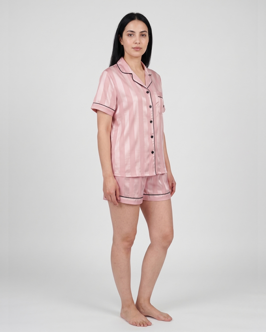 Pyjama Col Tailleur en Satin Rayé