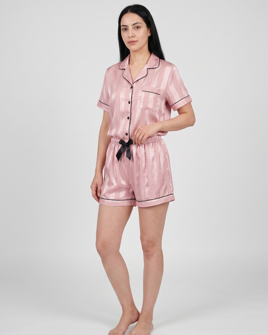 Pyjama Col Tailleur en Satin Rayé